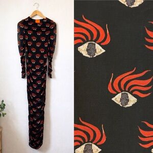 Rabôt Women’s Small Sheer Lined Eye Print Ruched Midi/Maxi Dress